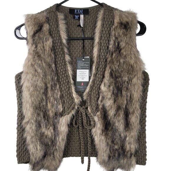 French Dressing Jeans Faux Fur Vest XS Taupe Knit & Fur Detail Tie Front New - Picture 1 of 8